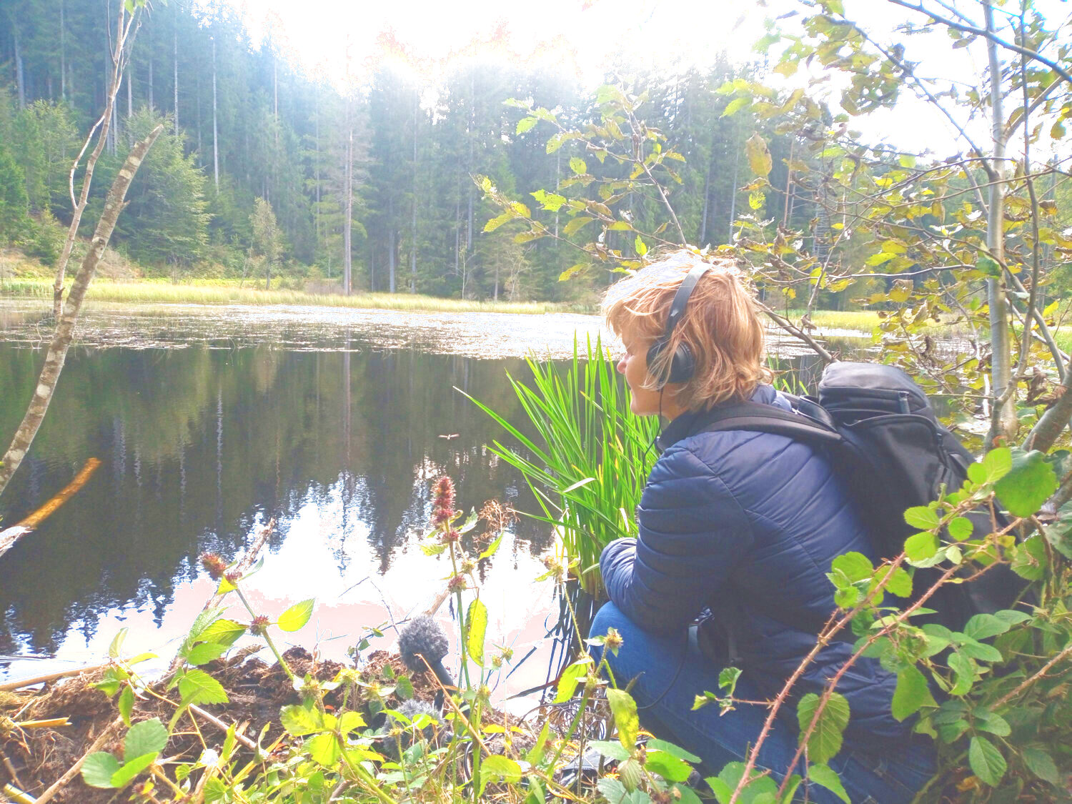 Das Bild zeigt Kirsten Reese. Sie sitzt hochend vor einem See. Im Hintergrund sieht man einen Wald. Sie trägt schwarze Kopfhörer und hat ein Mikrofon vor sich. Auf dem Rücken trägt sie einen Rucksack.